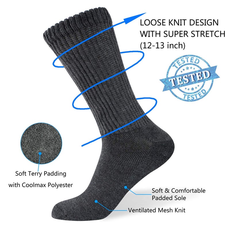 W WELL KNITTING Well Knitting Diabetic Socks for Men & Women, Coolmax Medical Circulation Crew Mid Calf Socks with Seamless Toe, Non-Binding Top, and Padded Sole, 4 Pairs (Dark Grey,XL) - Image 2